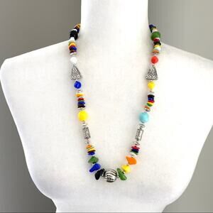 Vintage colorful beaded necklace, rainbow silver